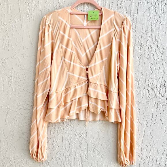 Free People Puff Sleeve Striped Ruffle Samifran Top Blouse Peach Women's Size XS - Picture 3 of 7